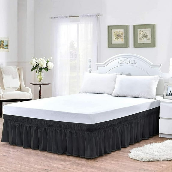 LINEN SHEETS- 100% Microfiber - Wrap Around Ruffled Bed Skirt with 18 Inch Tailored Drop - Adjustable Elastic Dust Ruffles Easy Fit- Luxurious & Wrinkle Free-Olympic Queen Size- Black Solid