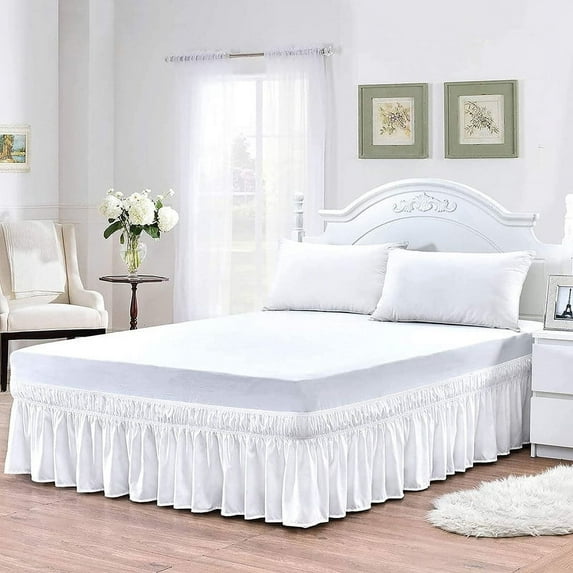 LINEN SHEETS- 100% Microfiber - Wrap Around Ruffled Bed Skirt with 22 Inch Tailored Drop - Adjustable Elastic Dust Ruffles Easy Fit- Luxurious & Wrinkle Free-Twin Size- White Solid