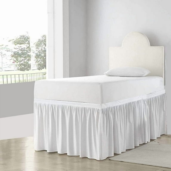 LINEN SHEETS Dorm Bed Skirt Twin XL Size 50 inch Drop, Stylish Ruffled Pattern Split Corner Bed Skirt, 100% Microfiber- White Solid