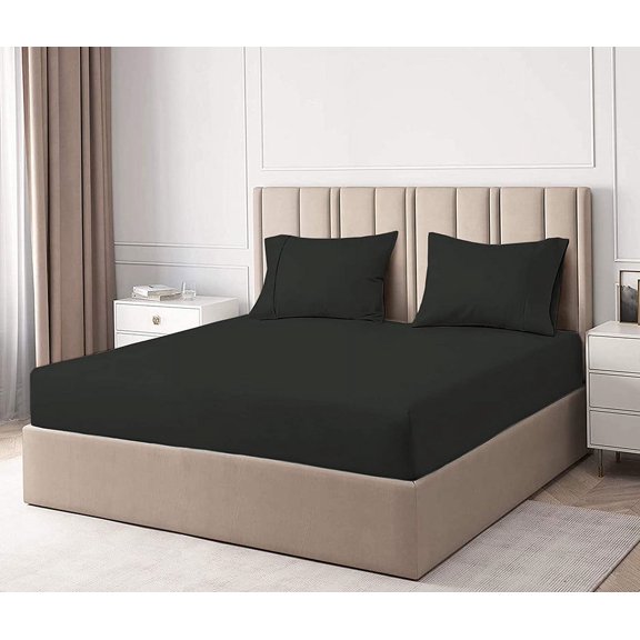 LINEN SHEETS Queen Size Fitted Sheet Set 3 Piece-600 Thread Count, 100% Egyptian Cotton, 12" Deep Pocket Fitted Sheet & 2 Pillowcases-Black Solid