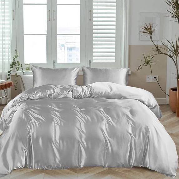 LINENWALAS 100% Organic Bamboo Full Size Core Bedding Set with Zipper Closure -1 Duvet Cover, 1 Fitted Sheet, 2 Pillowcases - Soft, Silk, Cooling 4 Piece Set (Silver, Full)