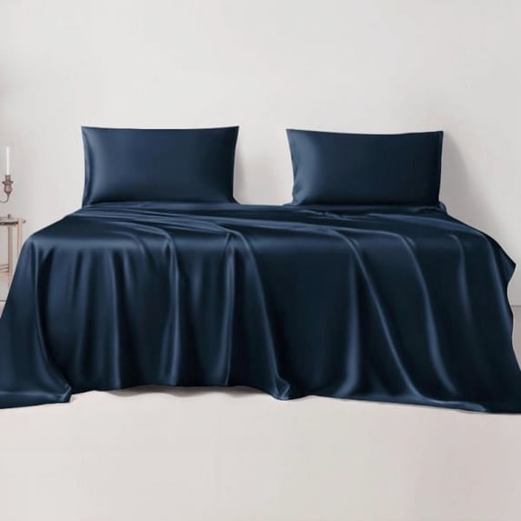 LINENWALAS King Sheet Sets, Cooling Sheets, Rayon Derived from Bamboo, Deep Pocket Up to 16", Breathable & Soft Bed Sheets, Luxury Silky Bedding Sheets (King, Navy Blue)