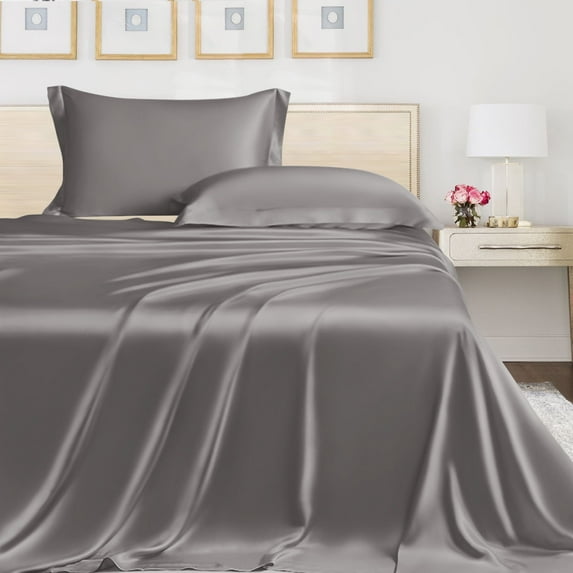 LINENWALAS Queen Flat Sheet Only- 100% Organic Bamboo Silk Top Sheet, Cooling Premium Hotel Quality Flat Bedsheet for Christmas Gift (Light Grey, Queen)