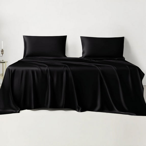 LINENWALAS RV Queen Sheet Set, Camper Bedding Set - Viscose from Bamboo Silk Sheets, Breathable & Cooling Bed Sheet, Hotel Luxury Soft Deep Pocket Anti Pilling Sheets (Jet Black, Short Queen)
