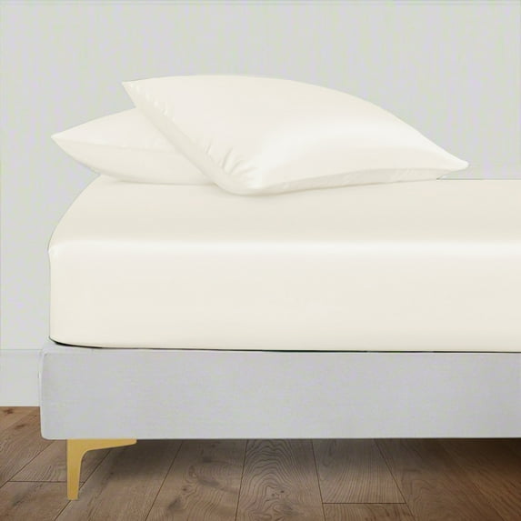 LINENWALAS Twin Fitted Sheet, 100% Bamboo Silk Sheet, 300 Thread Count, 16" Deep Pocket Bed Sheet (Ivory, Twin)