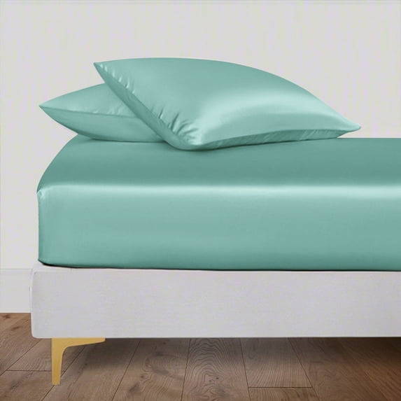 LINENWALAS Twin Fitted Sheet, 100% Bamboo Silk Sheet, 300 Thread Count, 16" Deep Pocket Bedsheet (Aqua, Twin)