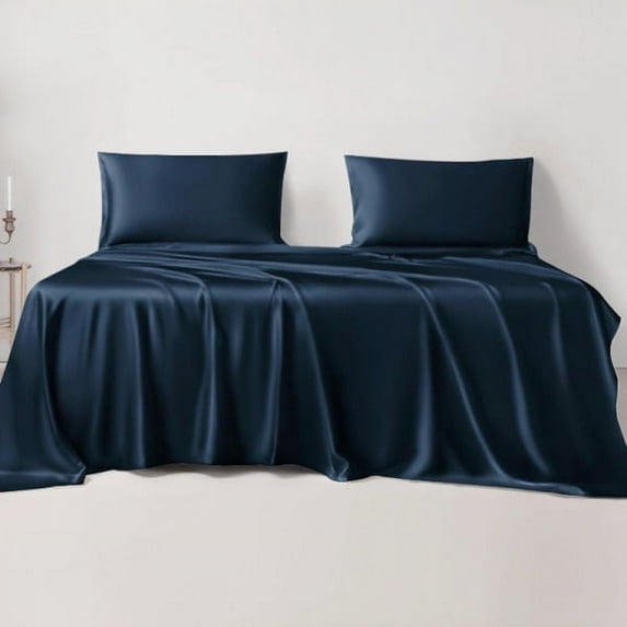 LINENWALAS Twin Sheet Sets, Cooling Sheets, Rayon Derived from Bamboo, Deep Pocket Up to 16", Breathable & Soft Bed Sheets, Luxury Silky Bedding Sheets (Twin, Navy Blue)