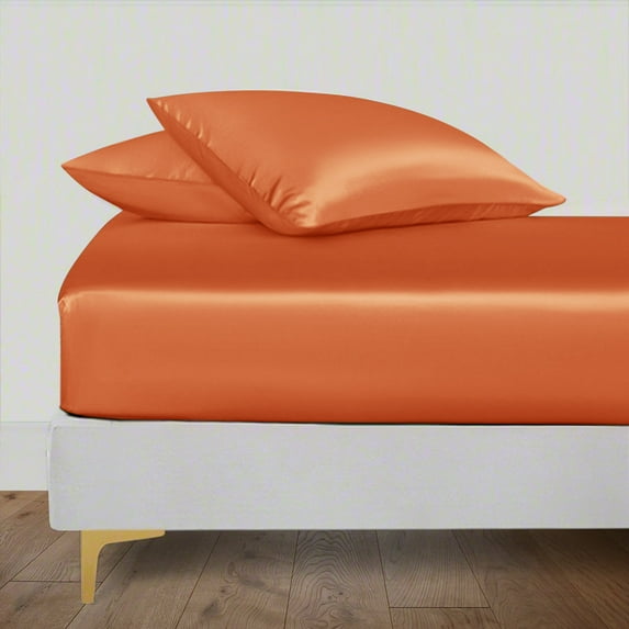 LINENWALAS Twin XL Fitted Sheet, 100% Bamboo Silk Sheet, 16" Deep Pocket Cooling Bed Sheet (Burnt Orange, Twin- XL)
