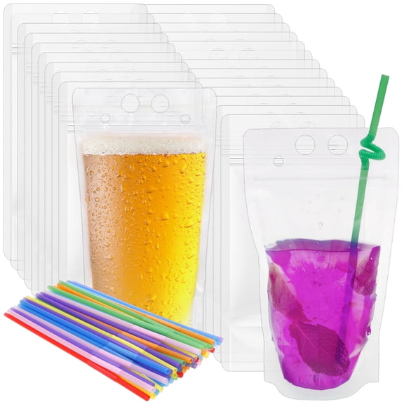 LINFANG 100Pcs PET Transparent Beverage Pouch Stand Up Transparent Drinks Pouch with 100 Straw Double Hole Beverage Bag Set for Milk