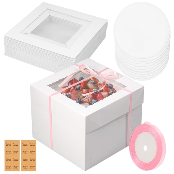 LINFANG 10Pcs 10 Inch Paper White Cake Box Set With Round Board Anti Deformation Clear Window Paper Square Cake Container for Pastries Cookie Chocolate Donut Pie