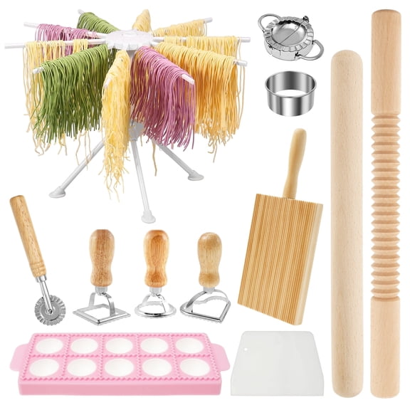 12 Pcs Pasta Maker Tool Set, Homemade Pasta Making Kit with Drying Rack, Gnocchi Board, Ravioli Press and Dough Scraper for Kitchen Cooking