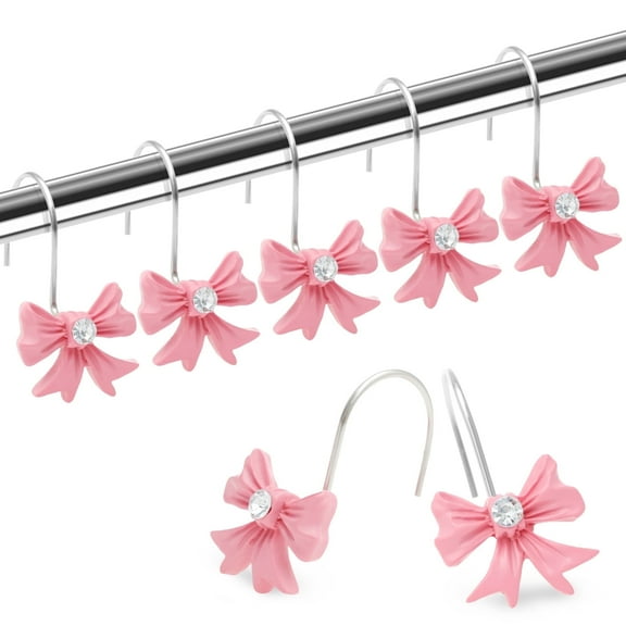 Tcwhniev Decorative Bow Shower Curtain Hooks Rings Resin Double-Sided Shower Hooks for Bathroom, Set of 12, Pink