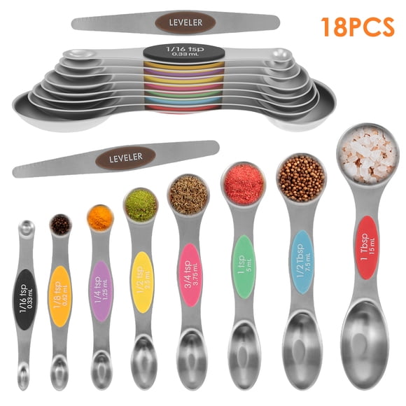 Tcwhniev 18 Pieces Magnetic Measuring Spoons Set Stainless Steel Dual Sided Teaspoon Measuring Spoons for Dry or Liquid, Fits in Spice Jar, Cooking Baking Measurement Tools