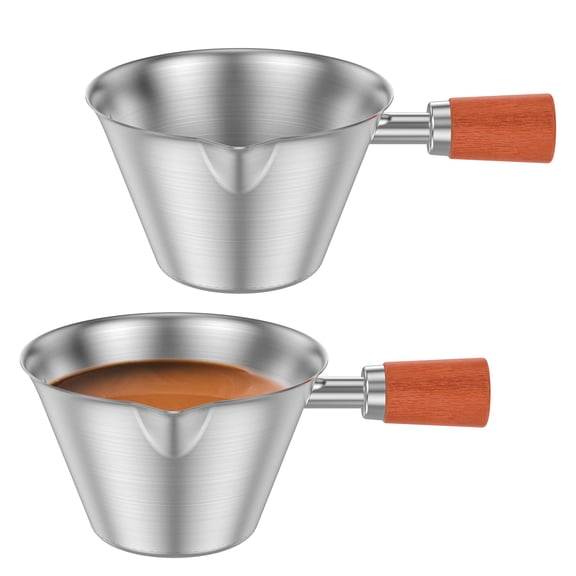 LINFANG 2 Pcs 100ml/3.4oz Espresso Measuring Cup 304 Stainless Steel Espresso Shot Cup with Wood Handle and V Shape Pour Mouth for Beverage Dessert Cocktail Sauce