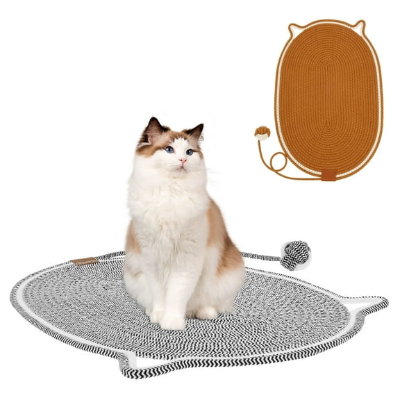 LINFANG 2 Pcs Cotton Rope Cat Scratch Mat with Ear Shape Hanging Hook and Ball Toy Round Cat Scratching Pad for Wall Floor Couch Carpets Sofa