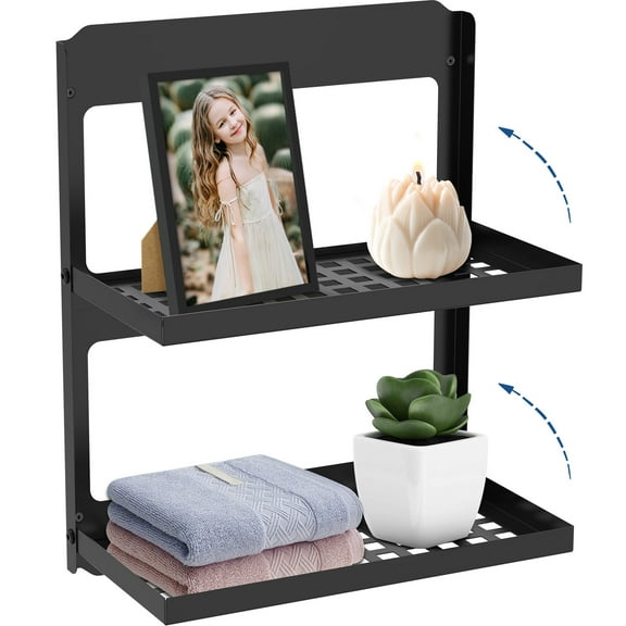 LINFANG 2 Tier Folding Metal Wall Shelf Wall Mounted Stackable Floating Shelves 13.4 Inch Wide for Bathroom Kitchen Laundry Room RV