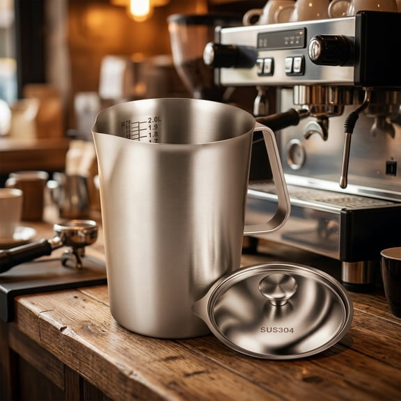 Stainless Steel Measuring Cup 70 oz Milk Frothing Pitcher with Lid, Metal Water Jug Carafe with Engraved Markings for Coffee Espresso Machine