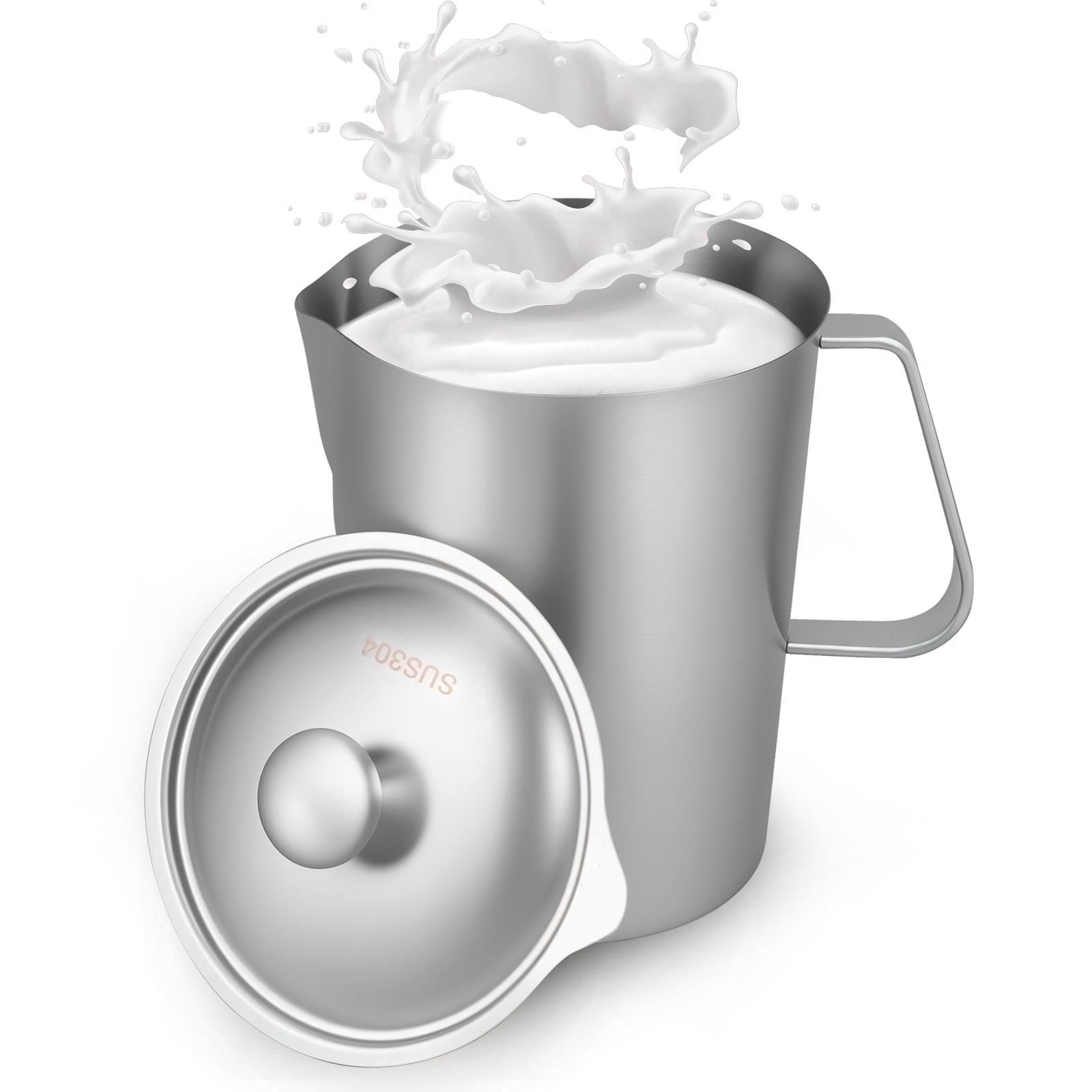 Stainless Steel Measuring Cup 70 oz Milk Frothing Pitcher with Lid, 2L Metal Water Jug Carafe with Engraved Markings for Coffee Espresso Machine