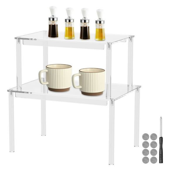 LINFANG 2Pcs Cabinet Organiser Shelf Transparent Acrylic Cabinet Spice Rack Stackable Kitchen Counter Shelves Display Rack for Kitchen Spice Pantry