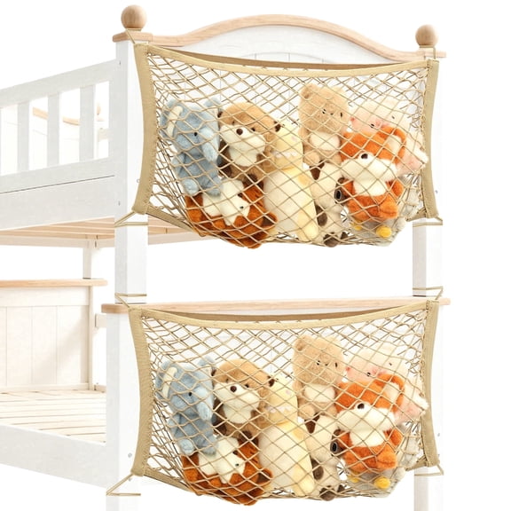 Evjurcn Bedside Toy Organizer, 2 Pcs Stuffed Animal Storage Net, Polypropylene High Elasticity Plushie Storage for Kids Room, Beige