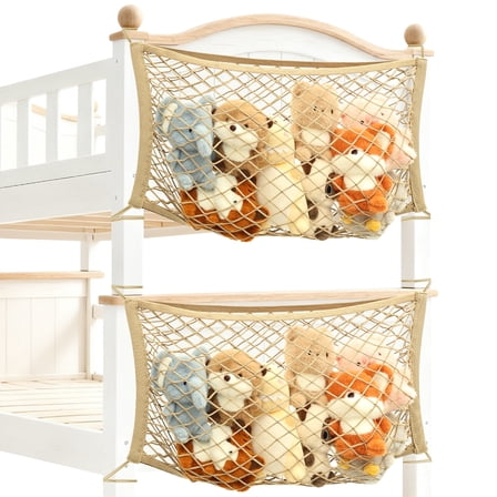 LINFANG 2Pcs Stuffed Animal Storage Net for Kid Soft Cuddly Toy Organizer 70 x 30 cm Hanging Elastic Net with Tether for Bedroom Beige