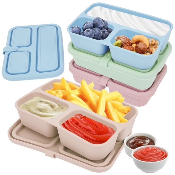 LINFANG 3/4 Pcs Silicone Snack Container with Lid Reusable Snackle Box Container with 3 Compartments for Office School Picnic Dishwasher Safe
