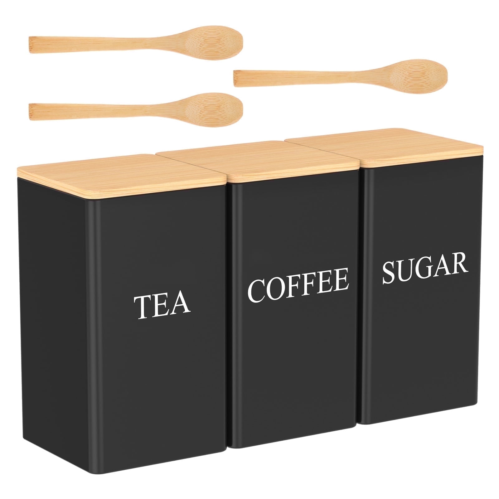 Tcwhniev 3 Pcs Coffee Tea Sugar Container Set with Bamboo Lid Metal Tea Coffee Sugar Canister Set for Kitchen Airtight Coffee Tea Sugar Food Storage Container
