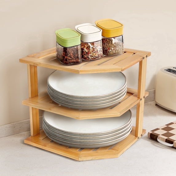 Tcwhniev 3 Tier Cabinet Organizer Shelf for Kitchen Storage Sturdy Plate Organizer Bamboo Corner Shelf Dish Rack for Cabinet Countertop Space Saver