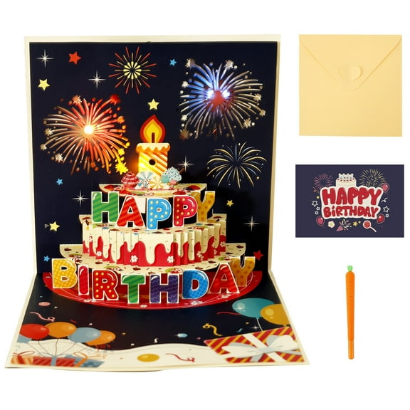LINFANG 3D Pop Up Birthday Card with Lights and Music 3D Pop Up Firework Birthday Card with Envelope for Women Men Mom Dad Friends Kids