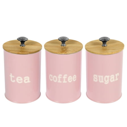 LINFANG 3Pcs Tea Coffee Sugar Canister Metal Kitchen Container with Airtight Bamboo Lid Countertop Round Coffee Storage Jar for Beans Flour Spice