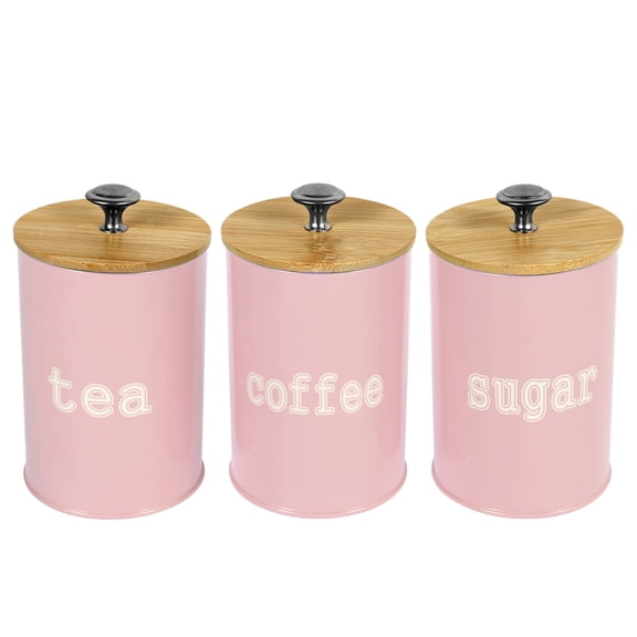 LINFANG 3Pcs Tea Coffee Sugar Canister Metal Kitchen Container with Airtight Bamboo Lid Countertop Round Coffee Storage Jar for Beans Flour Spice