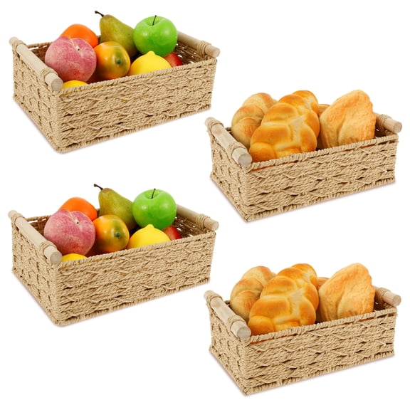 LINFANG 4 Pcs Toilet Paper Basket Decorative Woven Basket with Wood Handle Multipurpose Toilet Paper Bin for Home Bathroom Living Room Office