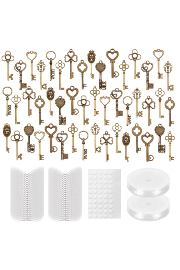 48/60Pcs Vintage Skeleton Keys DIY Flying Keys Charms with Dragonfly Wings and Crystal String Metal Keys Pendants Decorative Flying Keys for Jewelry Making Crafts Decor