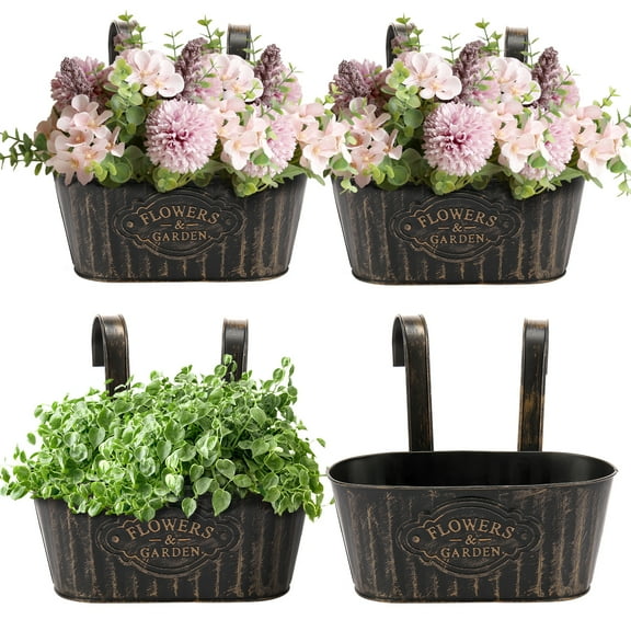 LINFANG 4Pcs Large Metal Hanging Plant Pot with Detachable Hook 28 cm Black Iron Hanging Planter Indoor and Outdoor Planter for Flower Herb Succulent and Plant