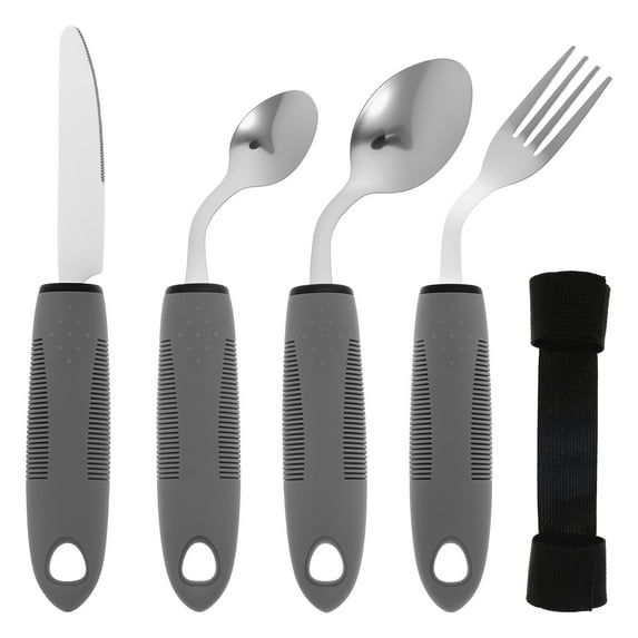 LINFANG 5 Piece Adaptive Utensil Set Stainless Steel Built Up Utensil Nonslip Easy Grip Cutlery Set with Textured Handle Angled Adaptive Silverware for Hand Tremors Arthritis Elderly