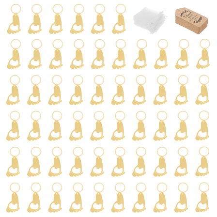 LINFANG 50PCS Metal Footprint Bottle Opener with Keychain for Celebration Sturdy Baby Shower Favor Include Yarn Bag Lable for Party Souvenir Present