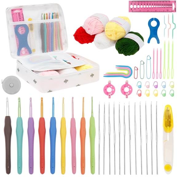 LINFANG 58Pcs Crochet Kit for Beginners Portable Knitting Starter Kit with Colorful Yarn Crochet Hooks Storage Case for Kids Adults
