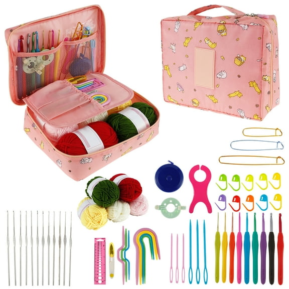 LINFANG 59Pcs Crochet Hooks Kit Ergonomic Knitting Starter Kit Beginner Yarn Knitting Needles Set DIY Crochet Accessories with Stitch Marker for Adults Present