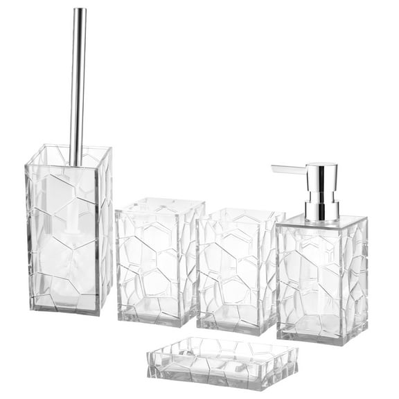 LINFANG 5Pcs Acrylic Bathroom Accessories Set Transparent Soap Dispenser Toothbrush Holder Soap Dish Toilet Brush Cup Easy to Clean for Home