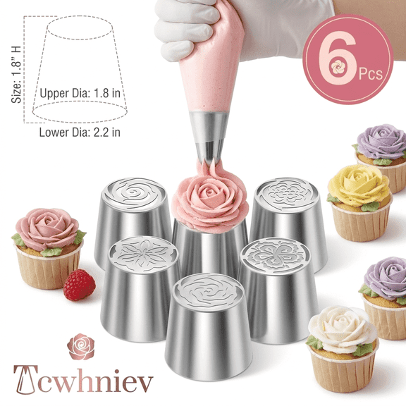 Tcwhniev 6 Pack Flower Russian Piping Tips Set, Extra Large Stainless Steel Rose Tulip Icing Tips, Flower Bouquet Piping Tips for Cake Decorating