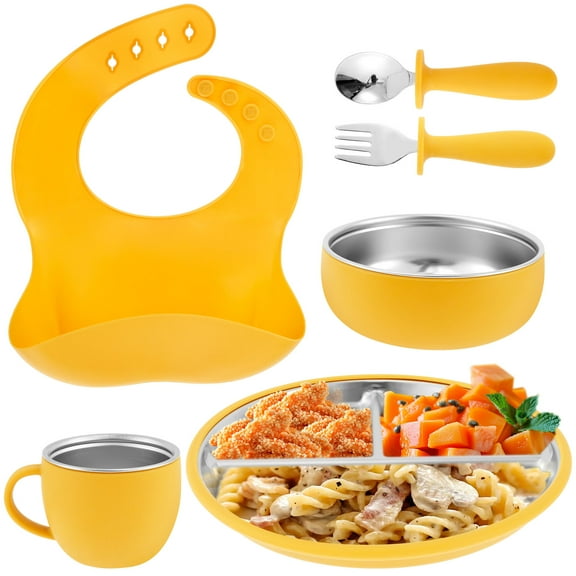 LINFANG 6 Pcs Stainless Steel Baby Feeding Set Toddlers Tableware Set Includes Adjustable Bib,Suction Bowl and Divided Plate Cup Spoon Fork Baby Self Feeding Plates for Toddlers