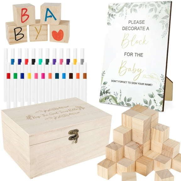 LINFANG 78Pcs Fun Baby Shower Games Sign Kit DIY Baby Shower Blocks to Decorate Game Kit with 52 Wooden Blocks 24 Markers for Gender Reveal Party