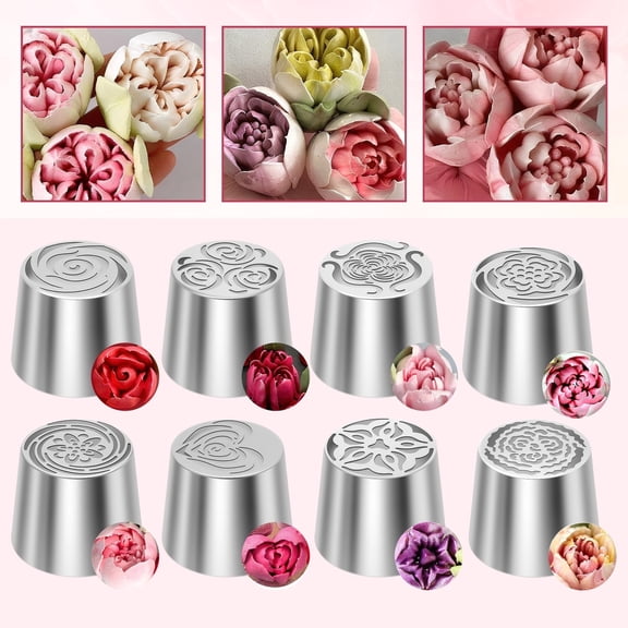 Tcwhniev Extra Large Russian Piping Tips Set, 8 Pack 3D Flower Frosting Nozzles Stainless Steel Rose Tulip Icing Tips Kit for Cake Decorating