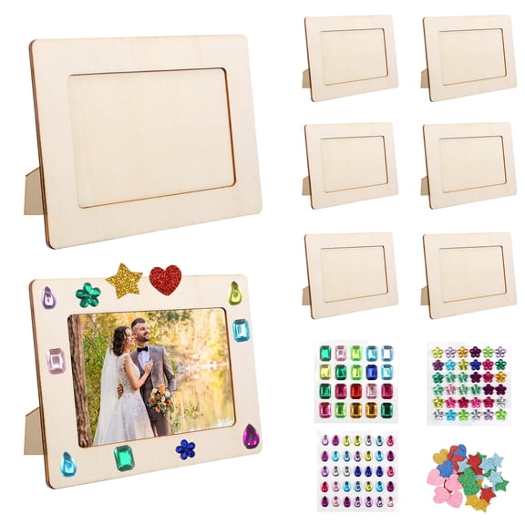 LINFANG 8Pcs DIY Wooden Picture Frames with Stickers Unfinished Wooden Craft Frames DIY Picture Holder for Home Decor Anniversaries