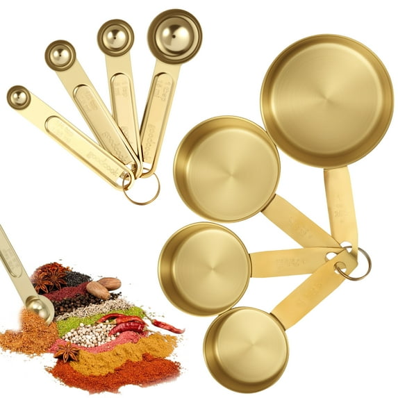 LINFANG 8Pcs Stainless Steel Measuring Cup and Spoon Set Stackable Gold Kitchen Measuring Cup Spoon for Home Cooking Baking Spice