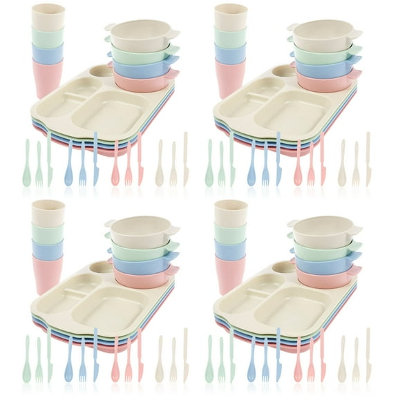 LINFANG 96PCS Kids Dinnerware Set Stackable Plastic Dinnerware Set Unbreakable Tableware Set Lightweight Toddler Dishes Set Includes Kids Divided Plates, Bowls, Cups, Flatware Set for Home School