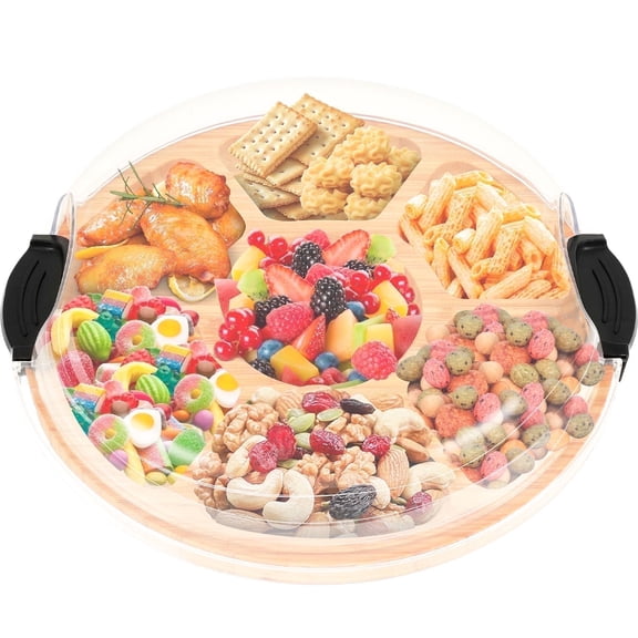 Evjurcn Charcuterie Board with Lid Handle Portable Cheese Board with 7 Compartments Bamboo Meat Fruit Serving Tray for Kitchen Picnic