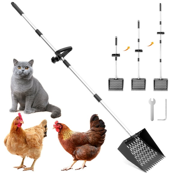 LINFANG Chicken Poop Scooper and Rake 2 In 1 10 Inches Sand Sifting Shovel with Adjustable Handle Non Stick Mesh Surface for Litter Cleaning