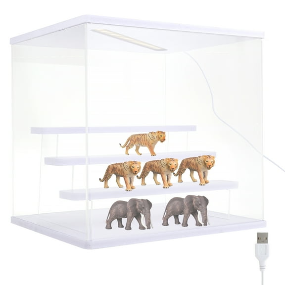 LINFANG Clear Acrylic Display Case with Adjustable LED Inside Dustproof Protection Showcase for Handmade Toy Collection