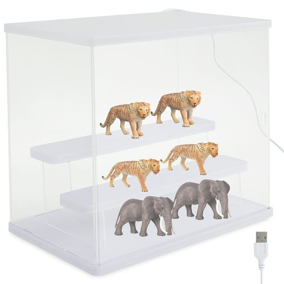 LINFANG Clear Acrylic Display Case with Adjustable LED Inside Dustproof Protection Showcase for Handmade Toy Collection